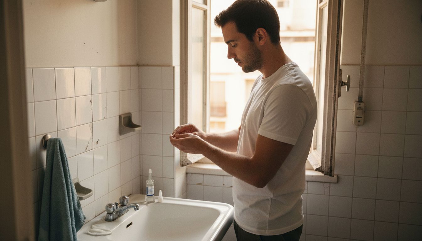Man applying cream at bathroom sink