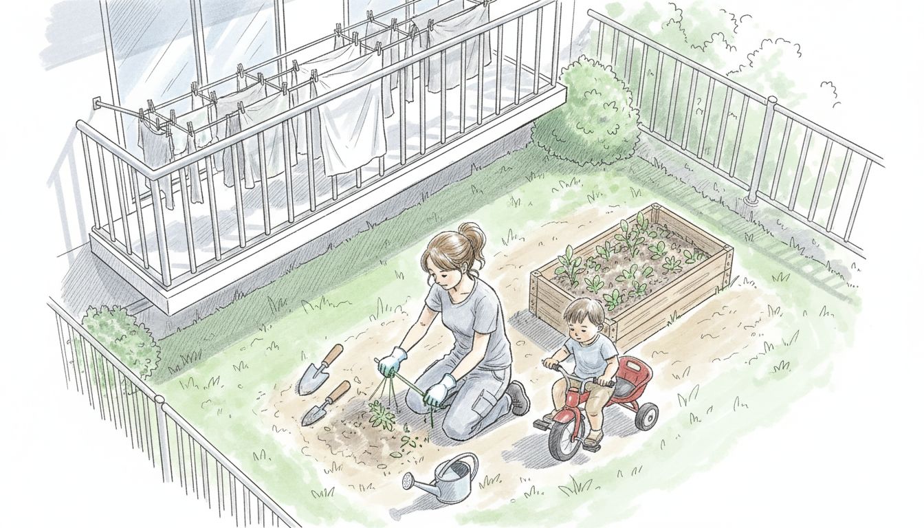 Bewohnerin pflegt Privatgarten am Mehrparteienhaus