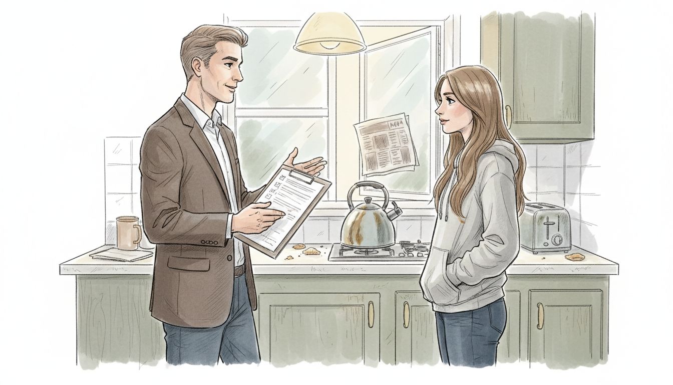 Landlord discusses pest issues with tenant in kitchen