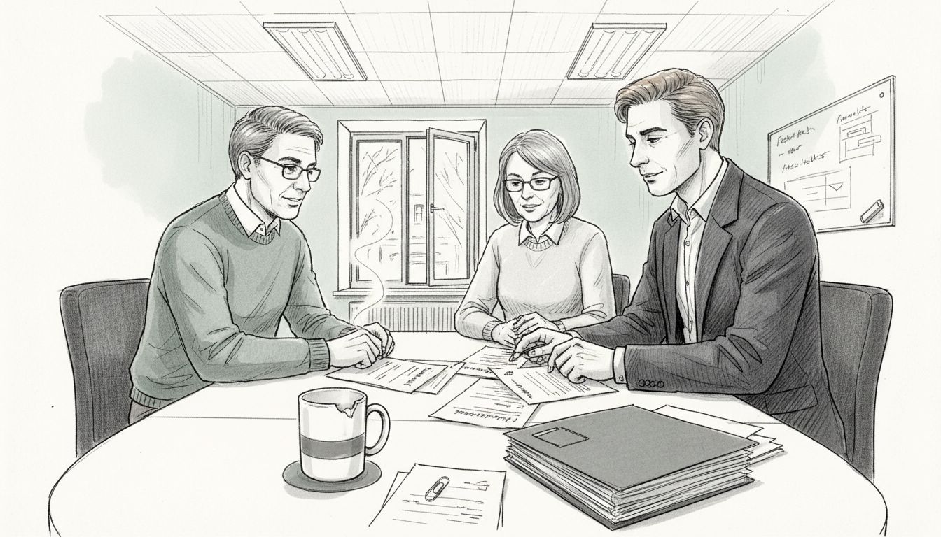 Eigentümer besprechen die anfallenden Reparaturkosten mit der Hausverwaltung.