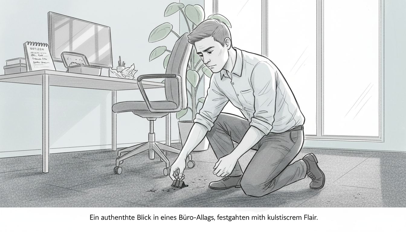 Büroangestellter sorgt am Arbeitsplatz für sauberen Teppich