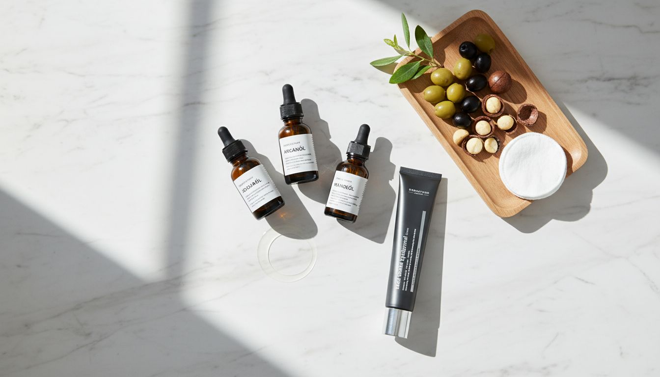 Drei verschiedene Pflanzenöle und weitere Zutaten stilvoll auf einem Tablett arrangiert