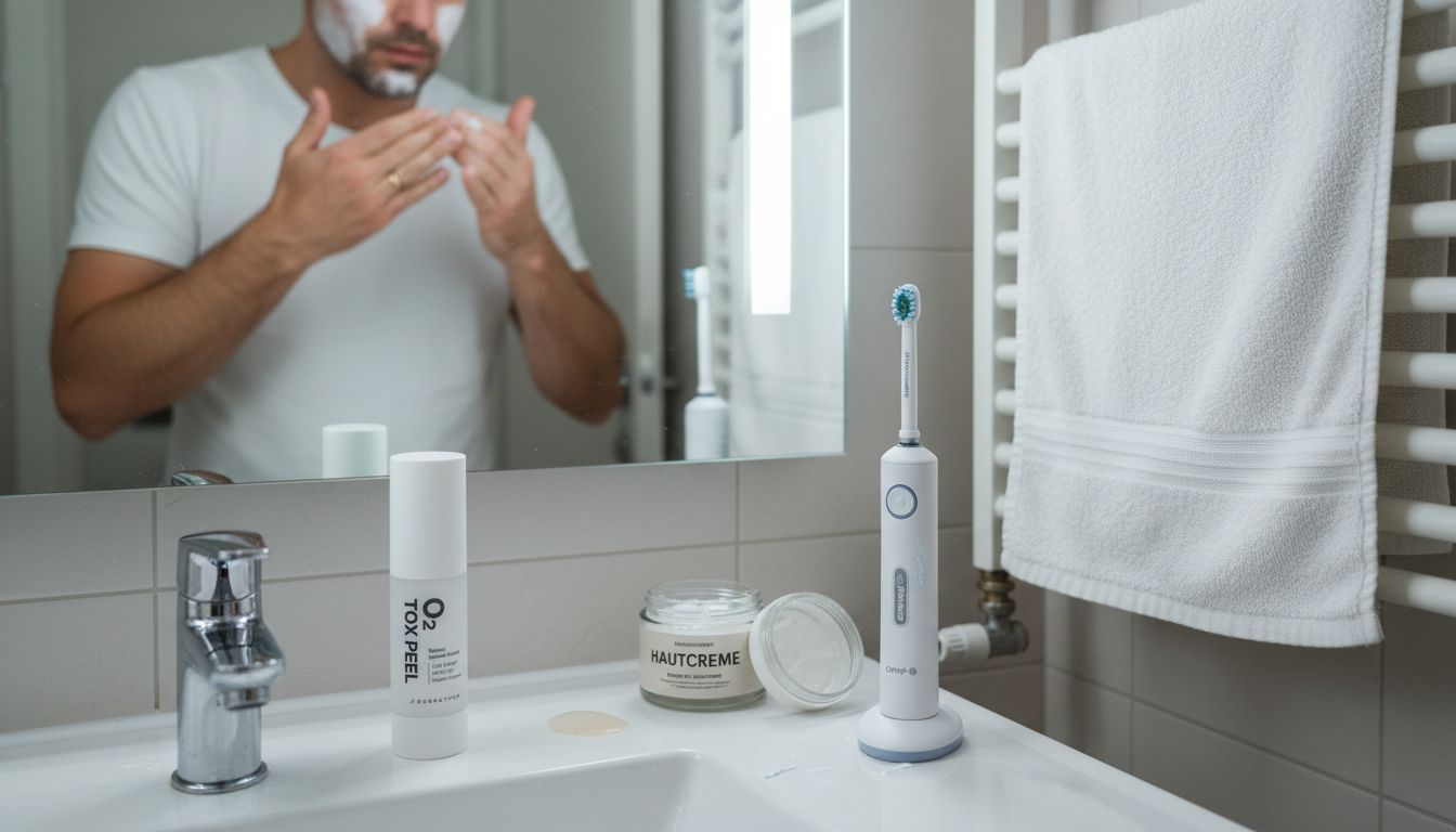 Ein Mann trägt in seinem heimischen Badezimmer eine Gesichtsmaske auf.