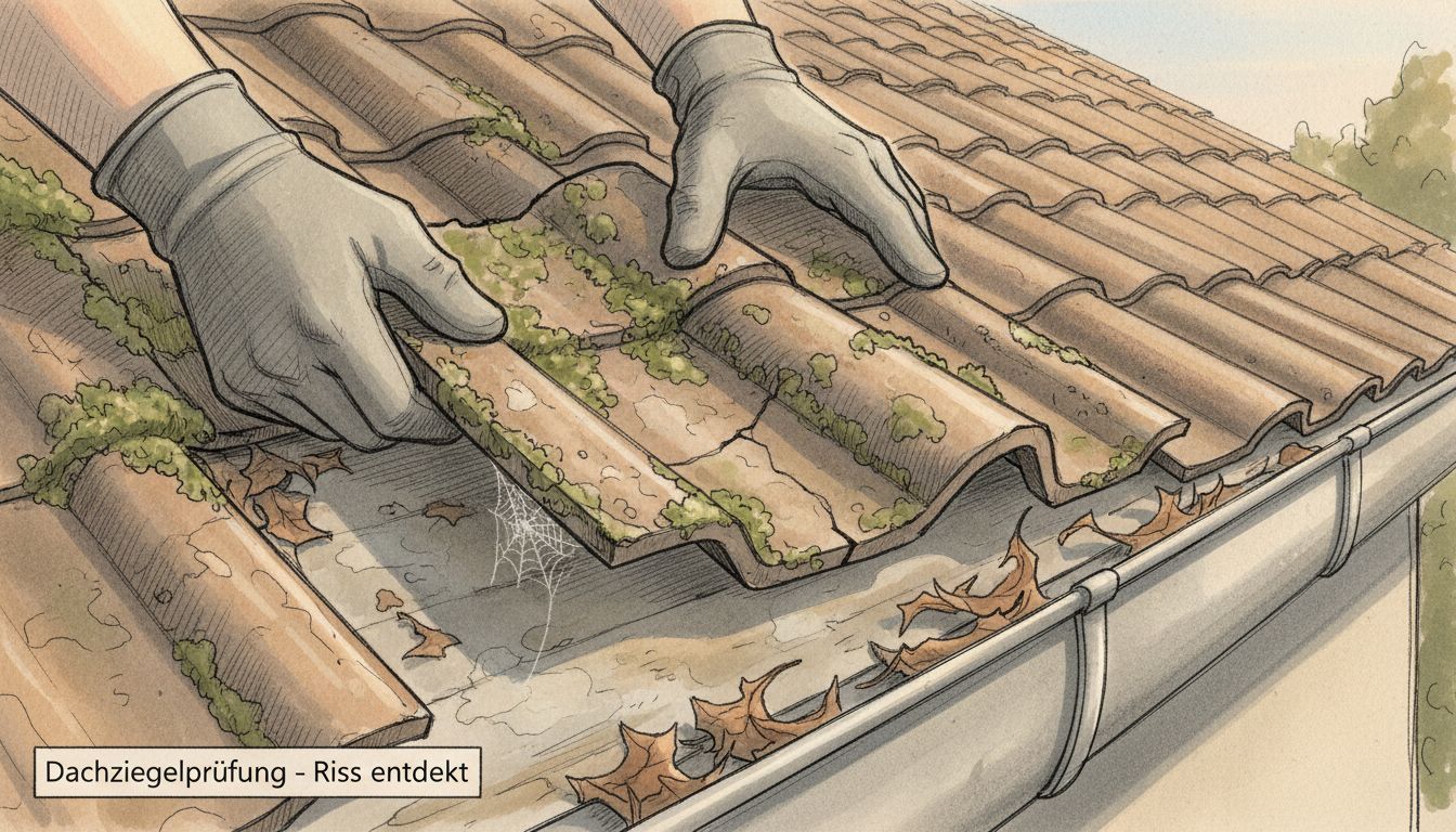 Dachbegehung Herbst 2026: Versicherungsschutz verstehen 2 Detailaufnahme einer rissigen Dachziegel im herbstlichen Licht