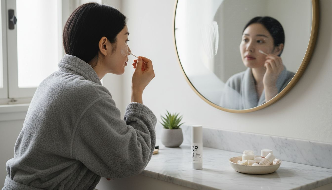 Eine Frau trägt am heimischen Schminktisch ein pflegendes Serum auf.