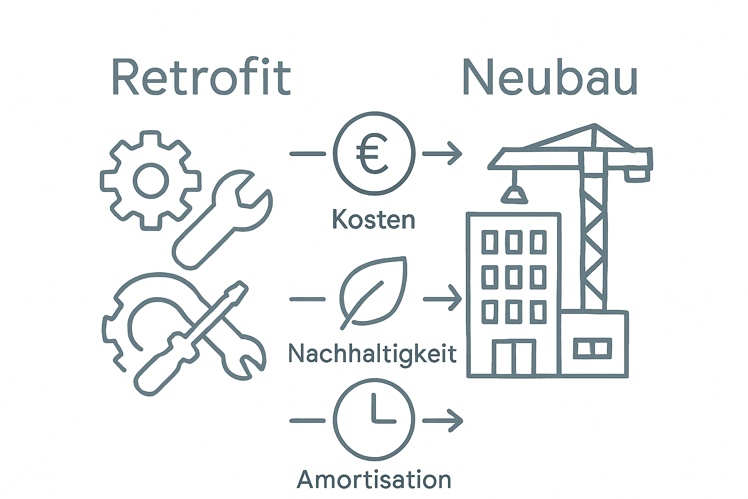 HKLS-Modernisierung: Retrofit oder Neubau im Bestand? 3 Infografik: Gegenüberstellung der wichtigsten Aspekte bei Nachrüstung und Neuinstallation