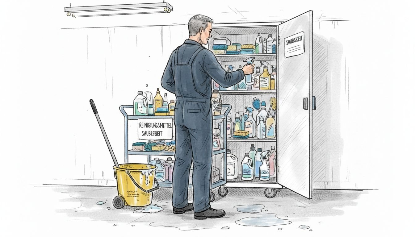 Ein Hausmeister steht vor dem Putzmittelschrank und sucht die passenden Reinigungsmittel aus.