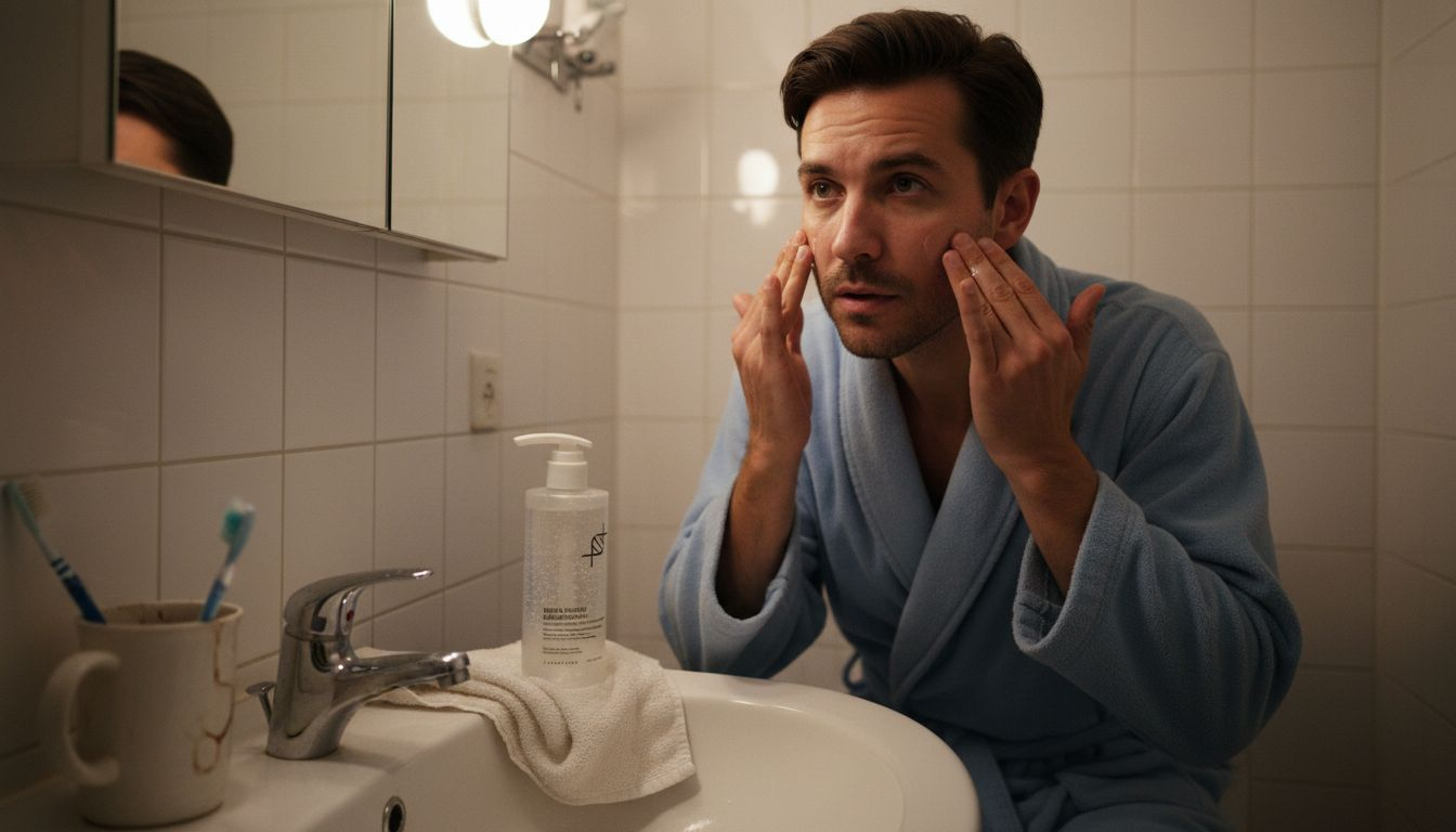 Im Badezimmer trägt ein Mann sein Gesichtsreinigungsgel auf.