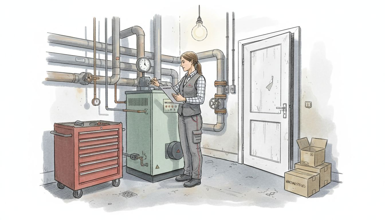 Die Gebäudemanagerin trägt im Heizungsraum die aktuellen Messwerte ein.