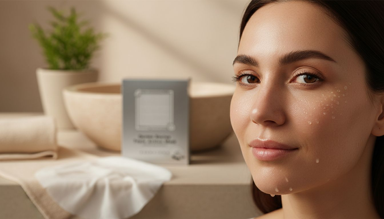 Nahaufnahme von strahlender, taufrischer Haut mit feinen Mineralperlen.