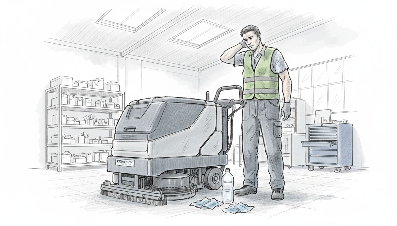 In der Werkstatt nimmt ein Techniker die Reinigungsmaschine genau unter die Lupe.