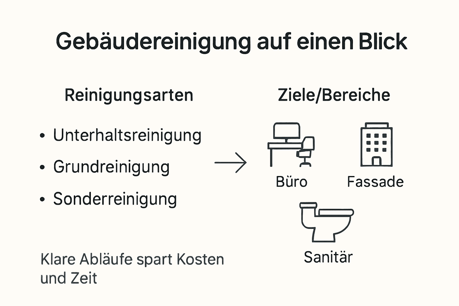 Die Infografik bietet einen Überblick über die verschiedenen Arten und Einsatzgebiete der Gebäudereinigung.