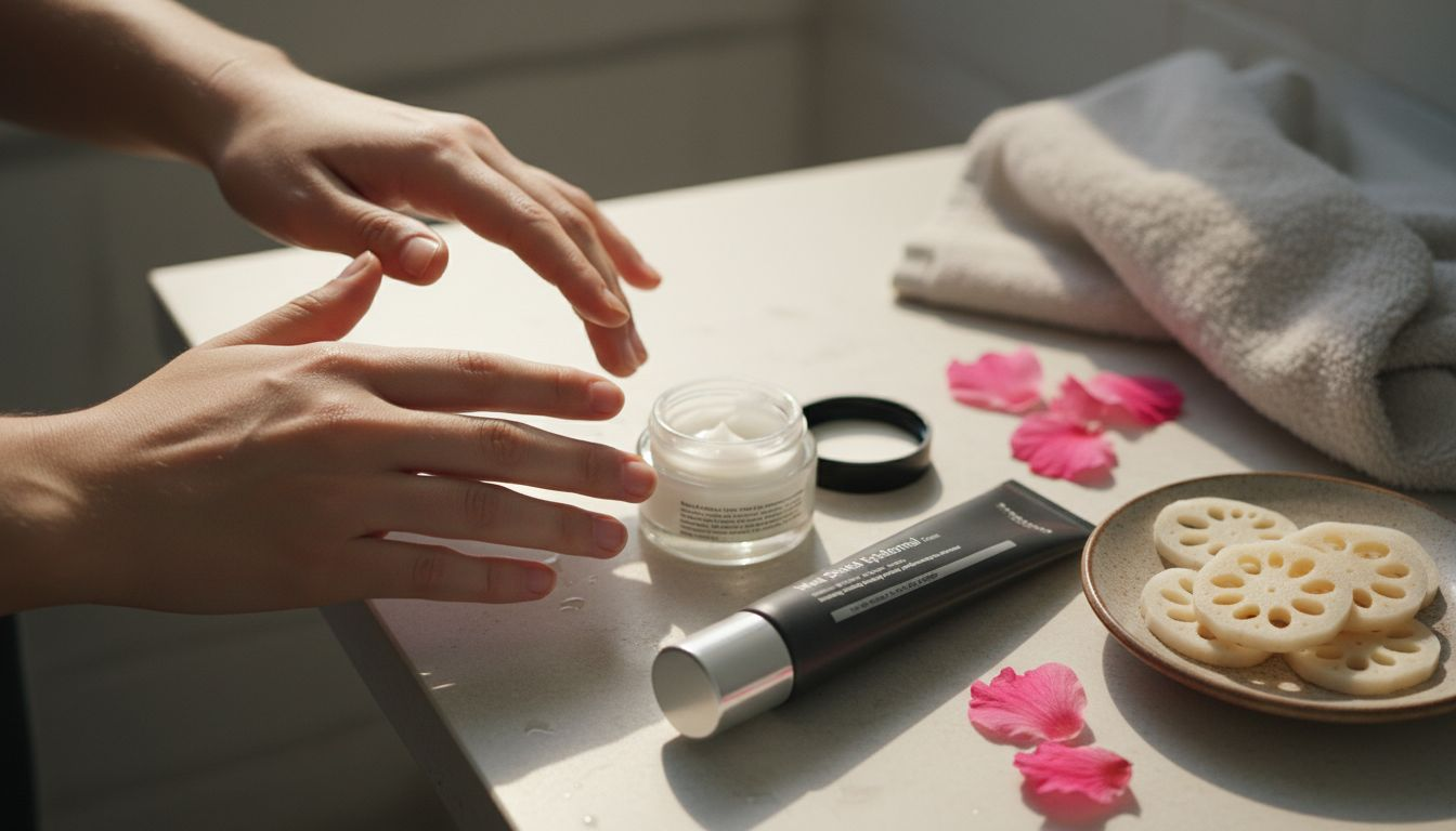 Sanft werden die Hände mit einer Creme gepflegt, die Lotuswurzel und Hibiskus enthält.