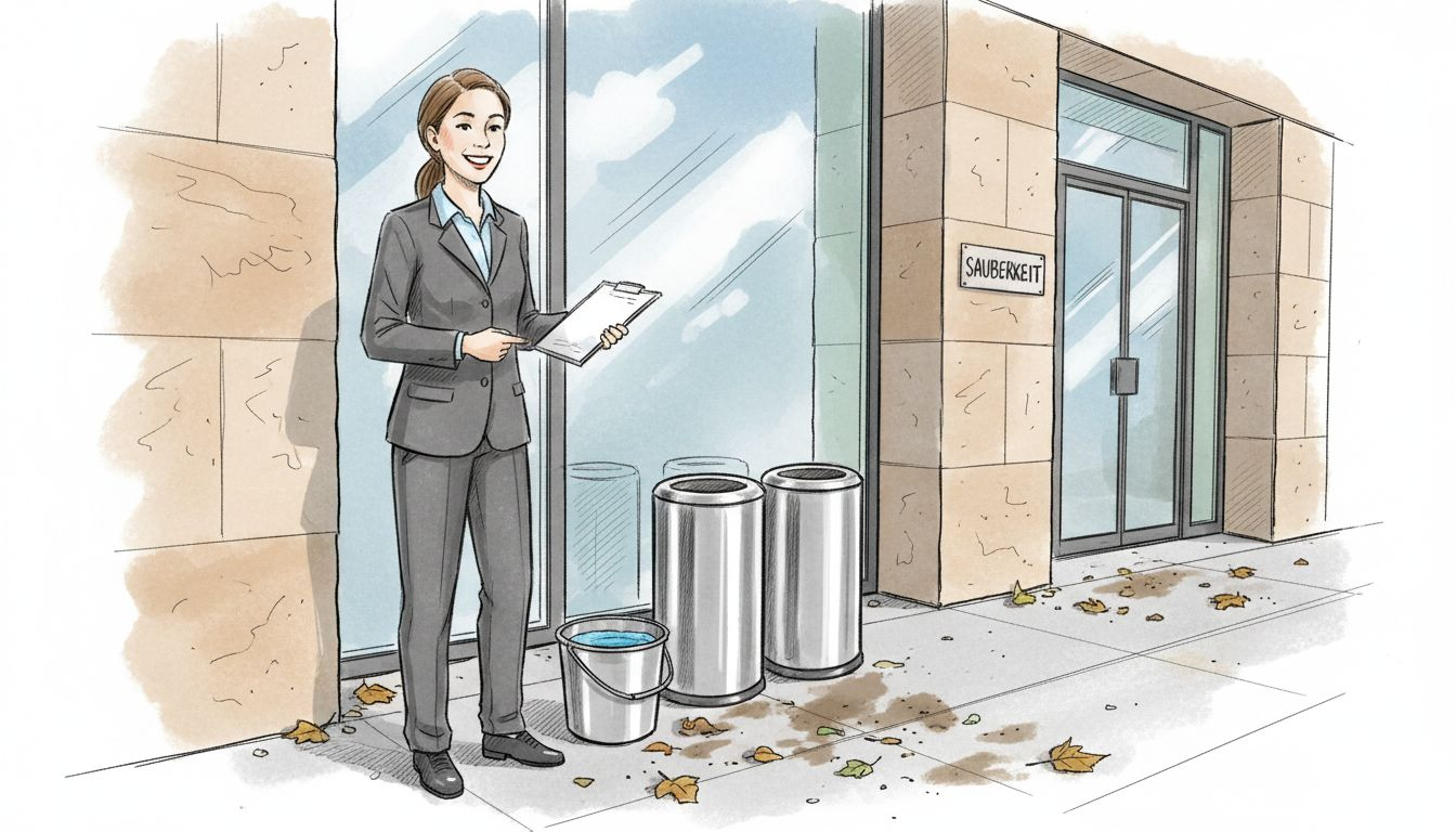 Eine Managerin begutachtet die frisch gereinigte Außenfassade des Gebäudes.