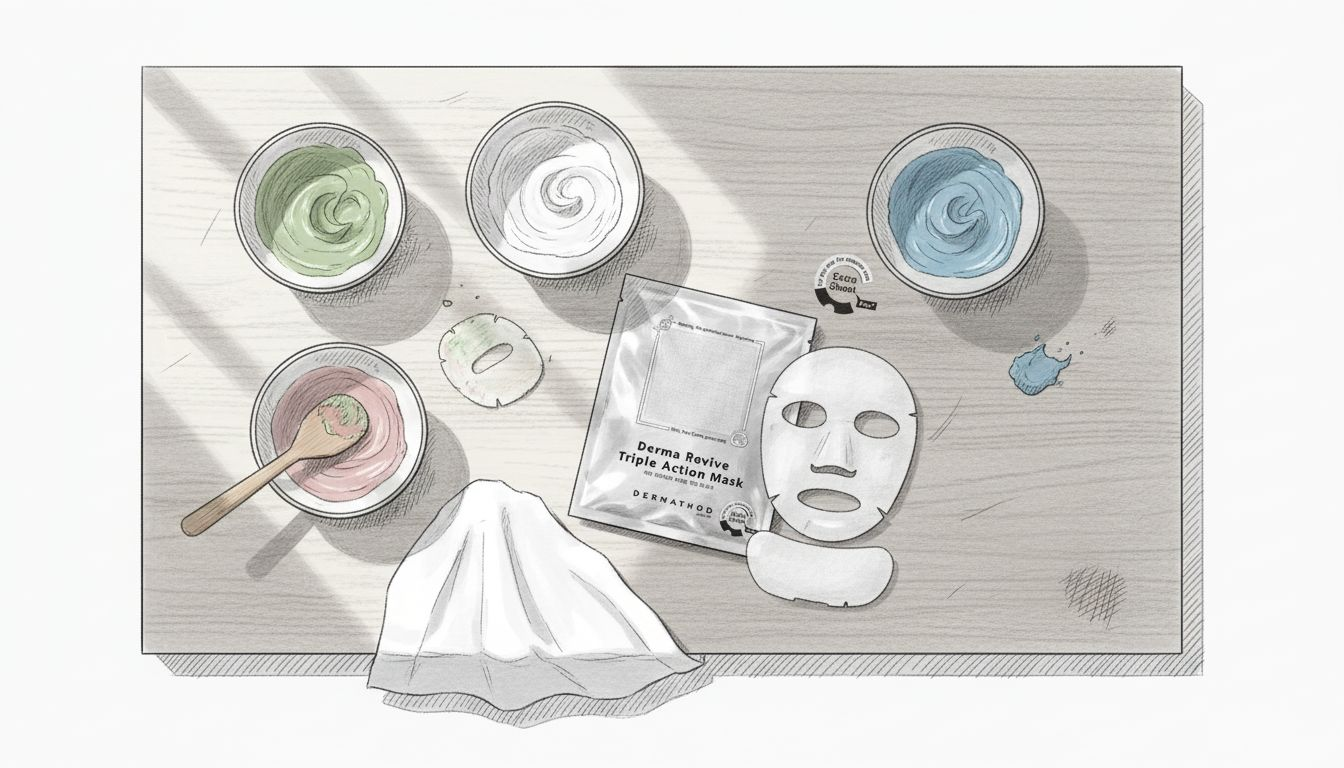 Auf dem Tisch liegen verschiedene Maskenschalen und Pflegeutensilien bereit.