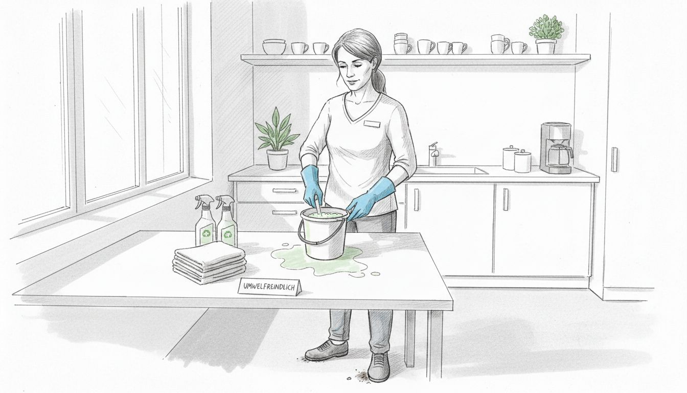 Unsere Reinigungskraft sorgt in der Teeküche für Sauberkeit und setzt dabei auf umweltfreundliche Reinigungsmittel.