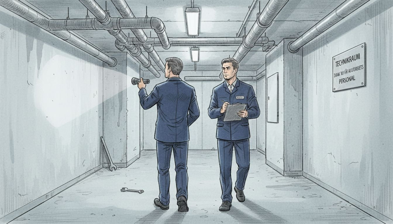 Fachkräfte überprüfen die Rohrleitungen im Keller und halten ihre Ergebnisse schriftlich fest.