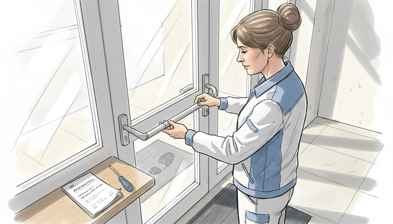 Eine Managerin kontrolliert die Sicherheitsvorkehrungen am Eingang des Gebäudes.