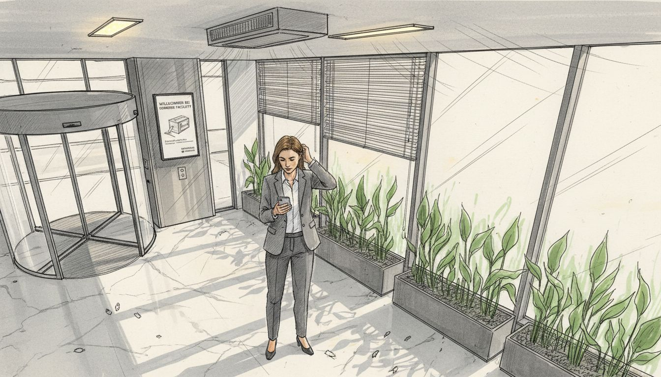 Eine Frau blickt auf ihr Smartphone, während sie in der modernen Empfangshalle eines smarten Gebäudes steht.