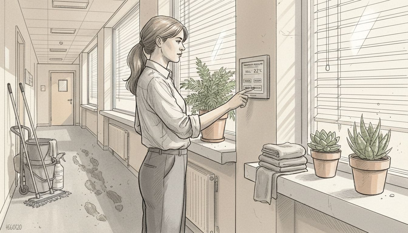 Eine Frau stellt die Temperatur am Bedienfeld des intelligenten Gebäudesystems ein.