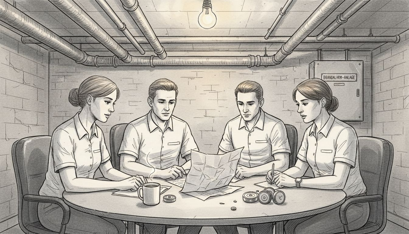 Das Team tauscht sich im Keller des Gebäudes über das Vorgehen bei einem Notfall aus.