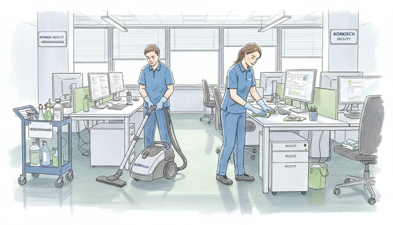 Das Reinigungsteam ist gerade dabei, die Büroräume zu säubern.