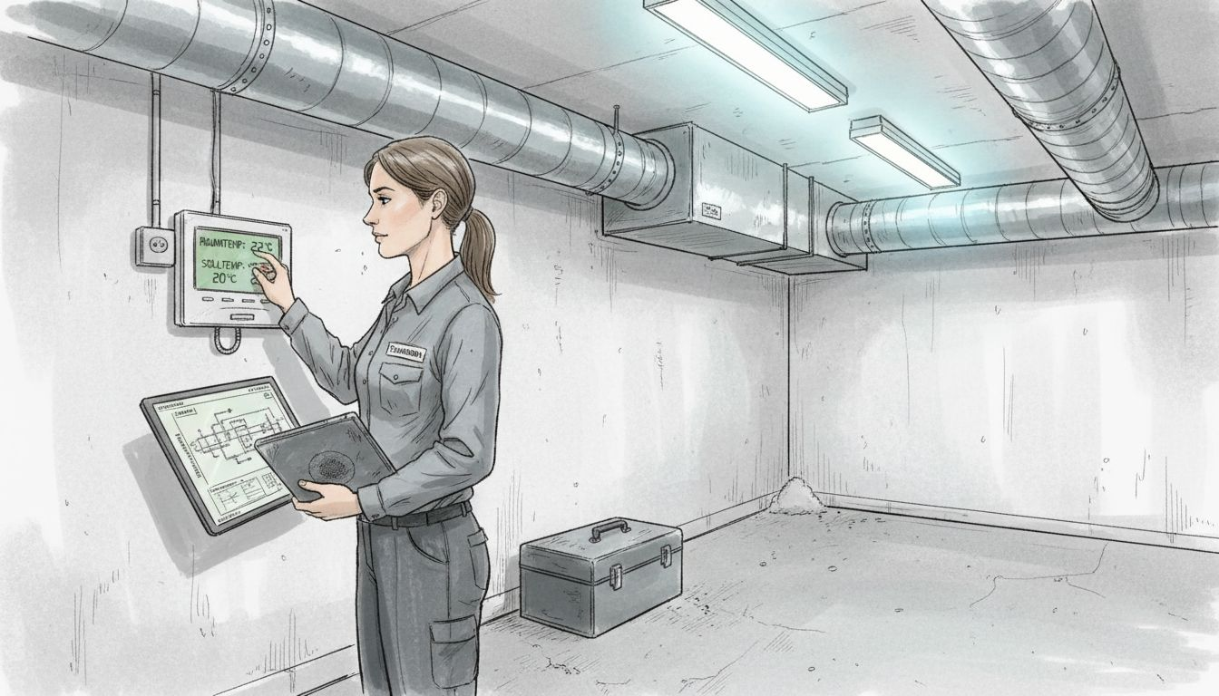 Ein Servicetechniker nimmt Einstellungen am digitalen Bedienfeld der Klimaanlage vor.