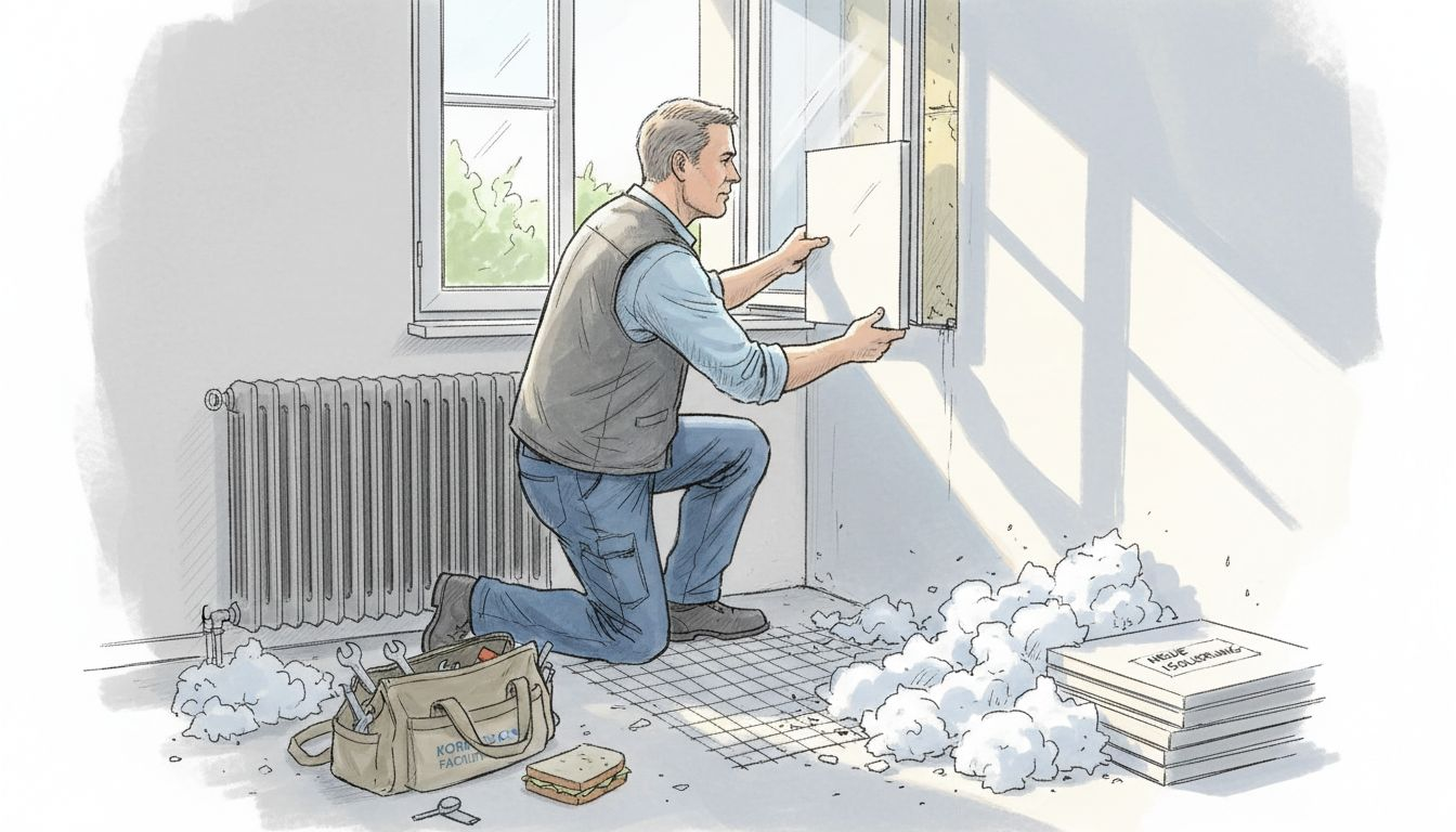 Ein Handwerker bringt Dämmmaterial rund um die frisch eingebauten Fenster an.