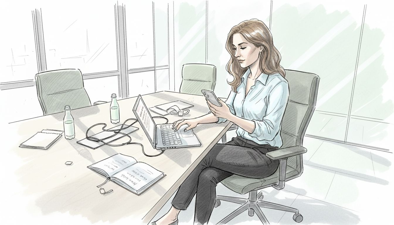 Ein Manager arbeitet im Konferenzraum und nutzt dabei digitale Tools, um sein Team effizient zu führen.