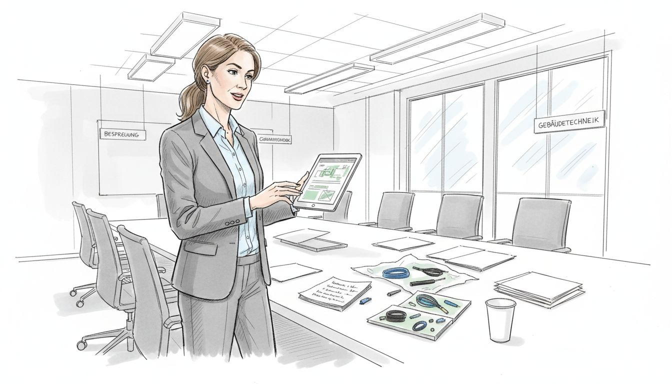 Eine Facility-Managerin kontrolliert die Gebäudetechnik über ein Tablet.