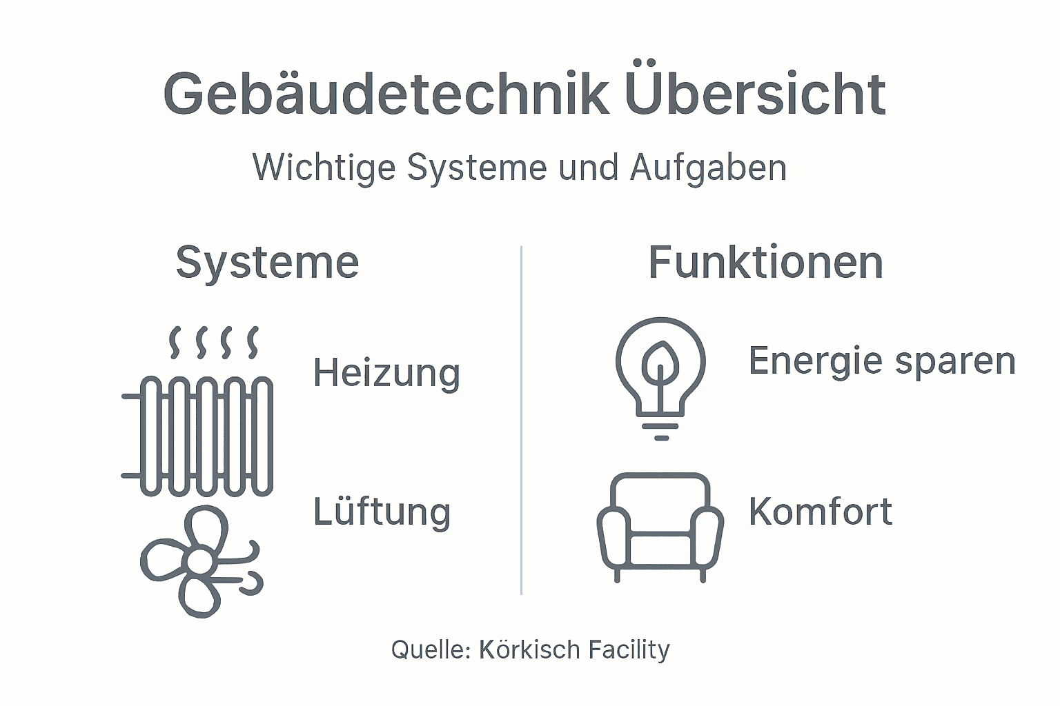 Die Infografik gibt einen übersichtlichen Einblick in die verschiedenen Systeme und Funktionen der modernen Gebäudetechnik.