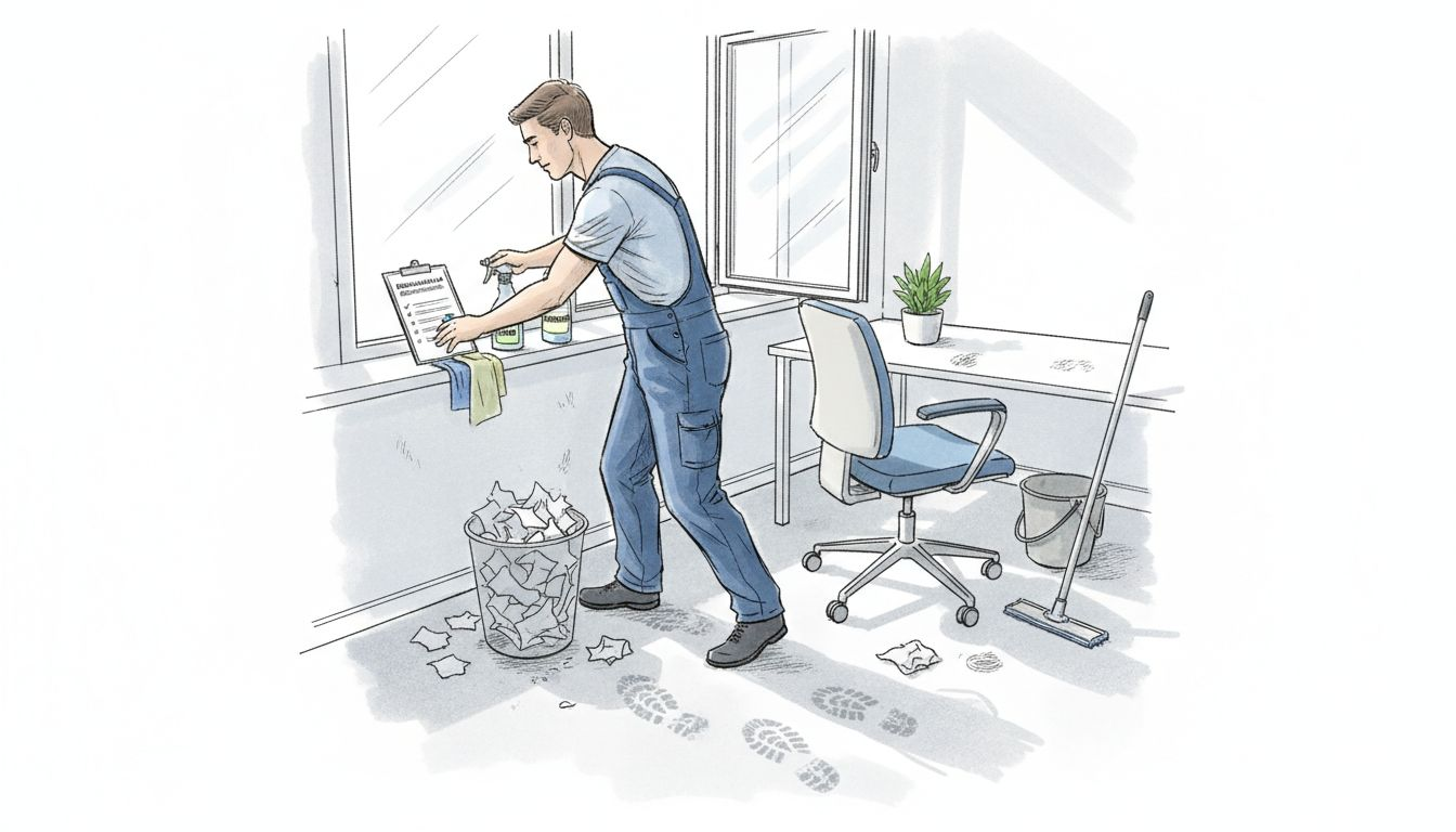 Eine Reinigungskraft macht den Büroraum für die bevorstehende Reinigung bereit.