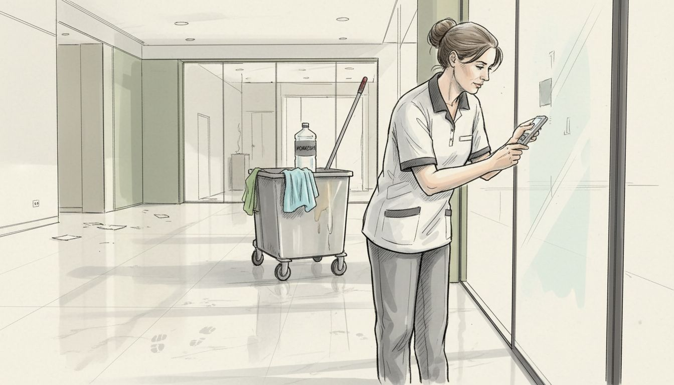 Eine Reinigungskraft kontrolliert den Sensor an der Glaswand.