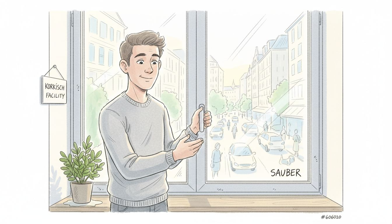 Warum professionelle Reinigung Werte sichert 3 Ein zufriedener Mieter begutachtet das frisch geputzte Fenster.