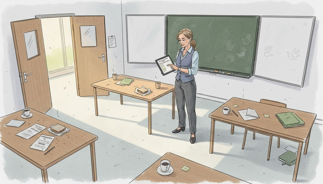 Eine Frau überprüft den digitalen Reinigungsplan auf ihrem Tablet.