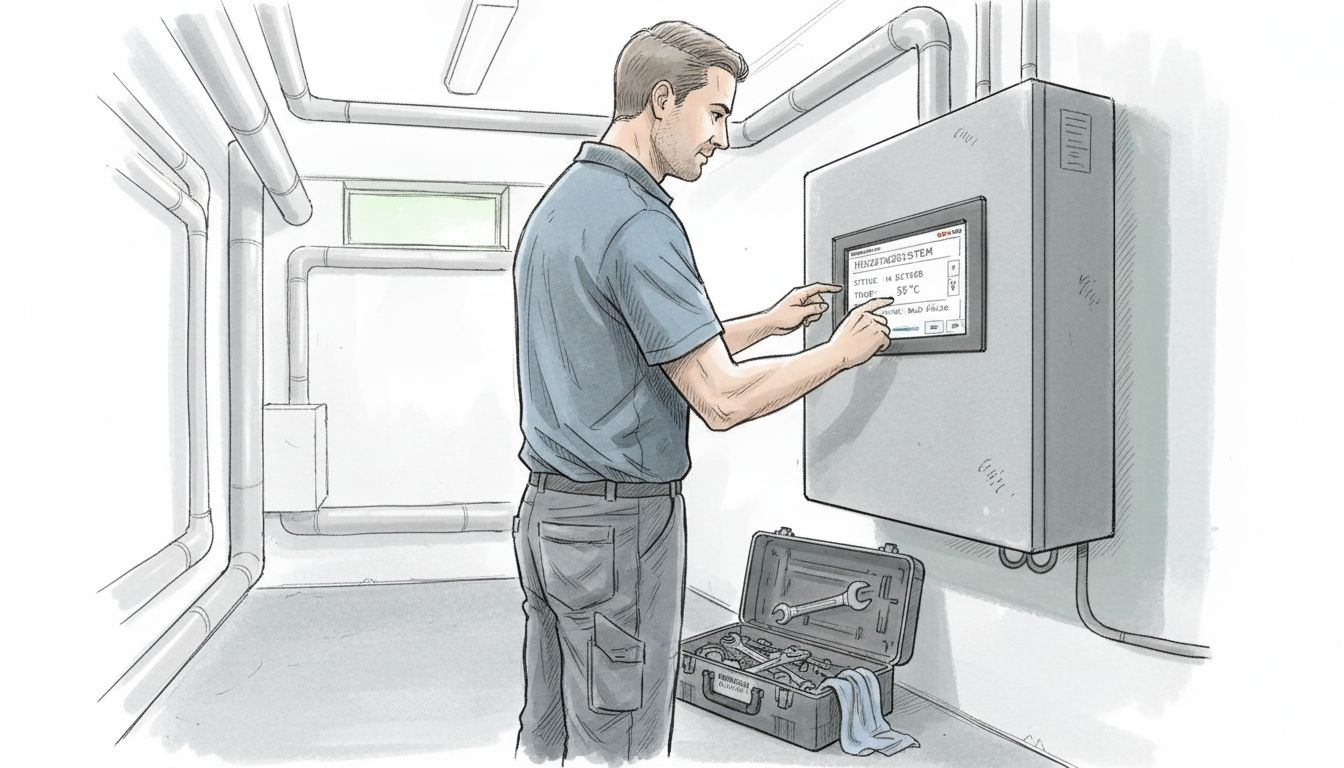 Ein Techniker bedient über den Touchscreen die Heizungsanlage im Keller.