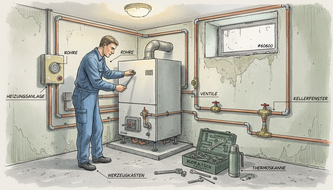 Warum Gebäudesanierung echten Mehrwert schafft 2 Im Keller wird gerade die neue Heizungsanlage von einem Fachmann eingebaut.