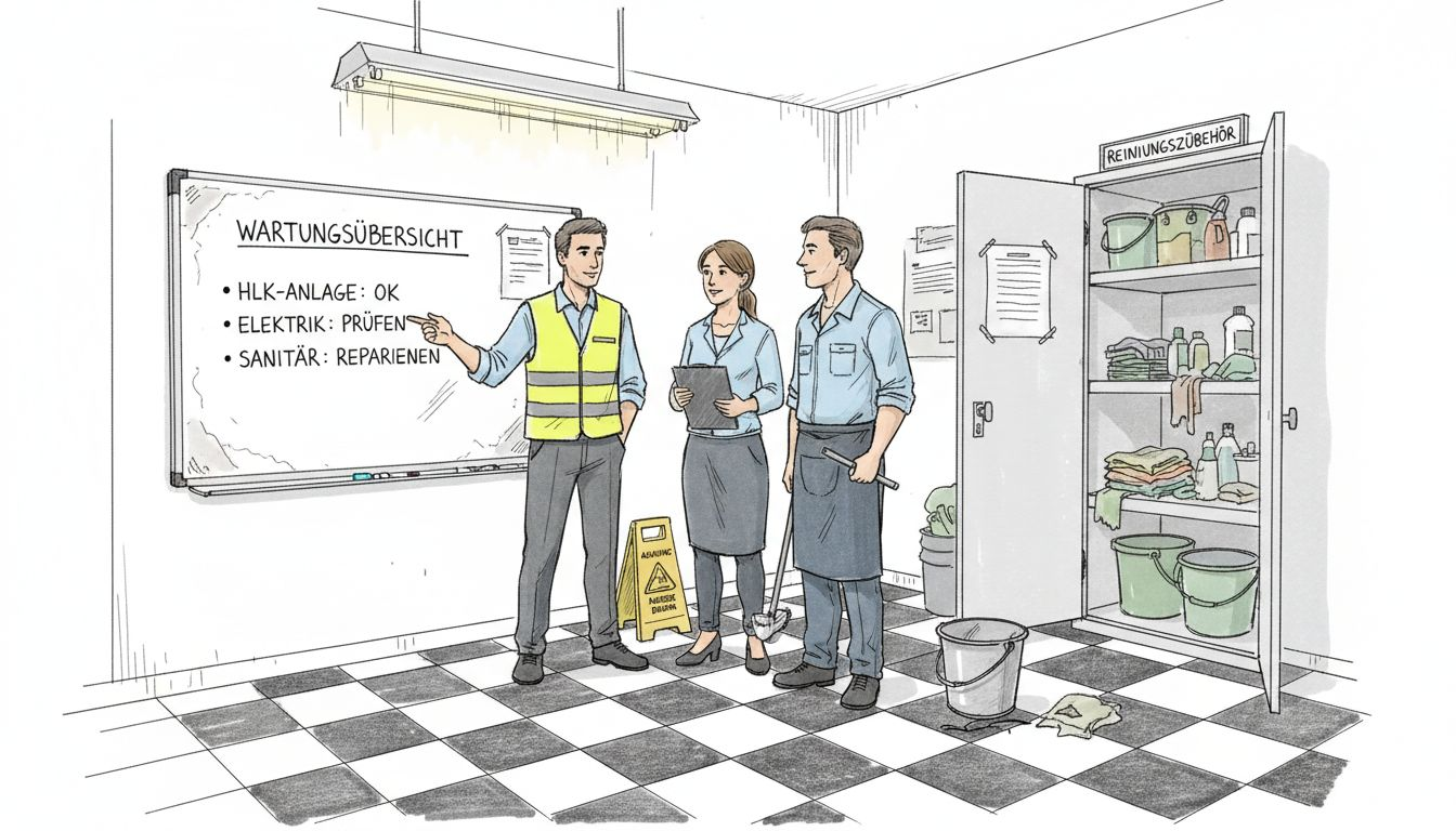 Das Team berät sich im Besprechungsraum über die Instandhaltung des Gebäudes.