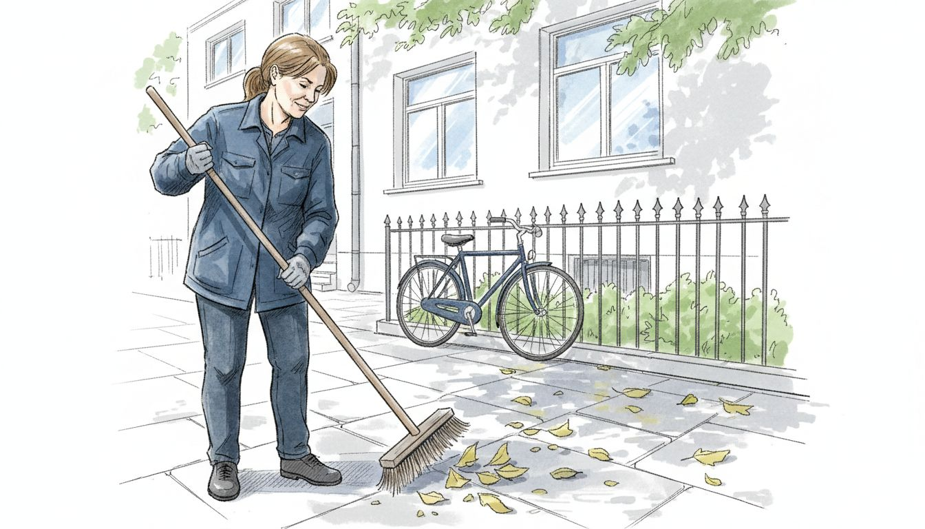 Eine Reinigungskraft kehrt das Laub vor dem Mehrfamilienhaus zusammen.