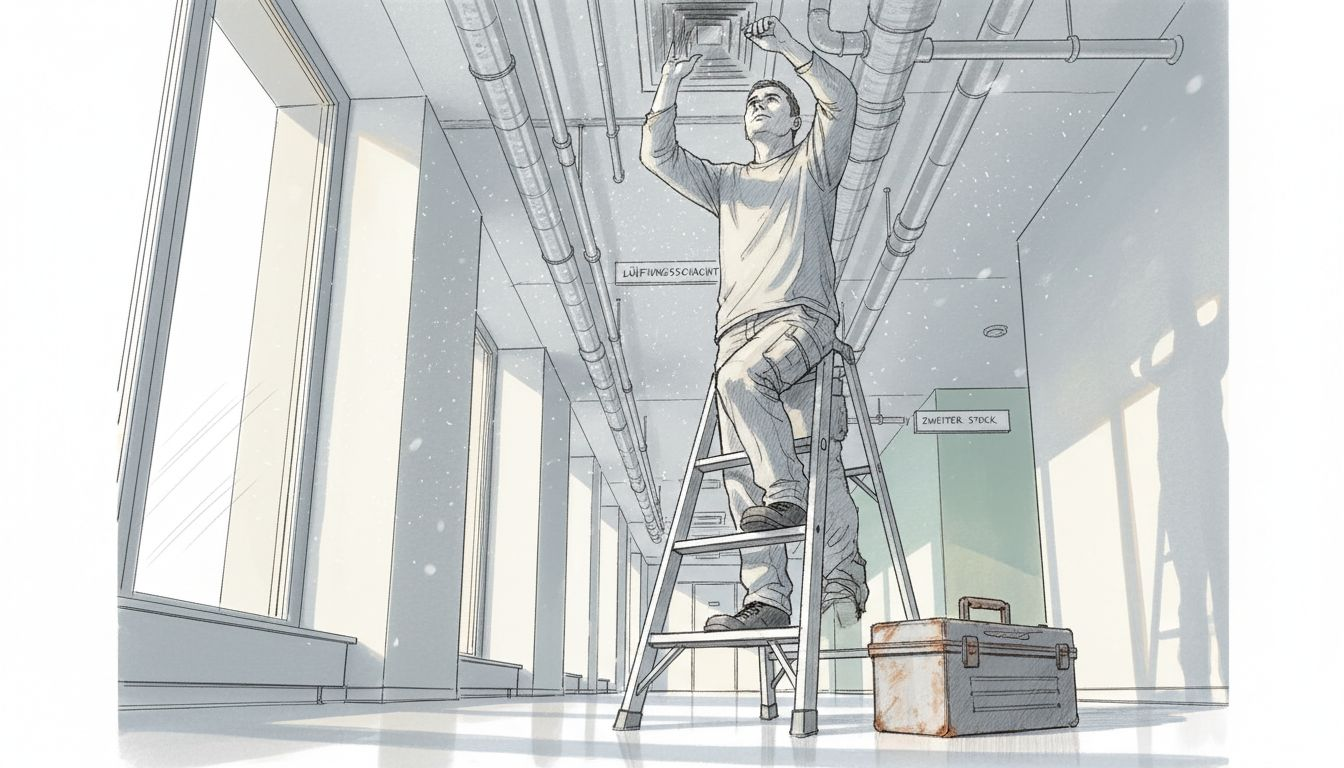 Ein Handwerker führt Wartungsarbeiten am Lüftungsschacht im Flur des Büros durch.