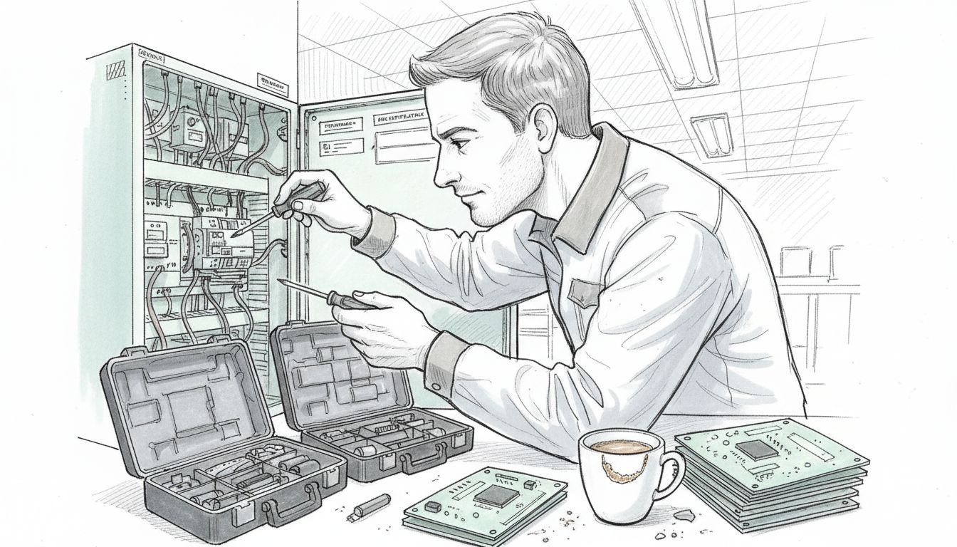 Ein Techniker nimmt Wartungsarbeiten an der Steuerzentrale der Gebäudeautomation vor.