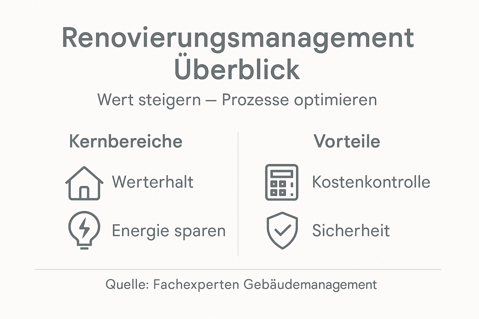 Übersicht: Die wichtigsten Bereiche und Vorteile eines professionellen Renovierungsmanagements – anschaulich dargestellt in einer Infografik.