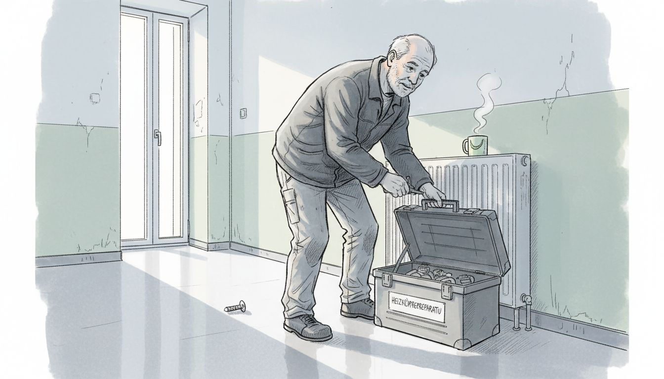 Im Mietshaus kümmert sich der Hausmeister gerade um die defekten Heizkörper und sorgt dafür, dass sie wieder ordnungsgemäß funktionieren.