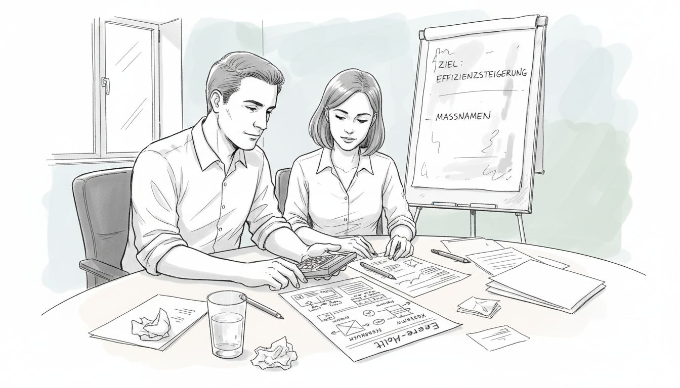 Im Besprechungsraum tauschen sich Mitarbeiter zum Thema Energieaudit aus.
