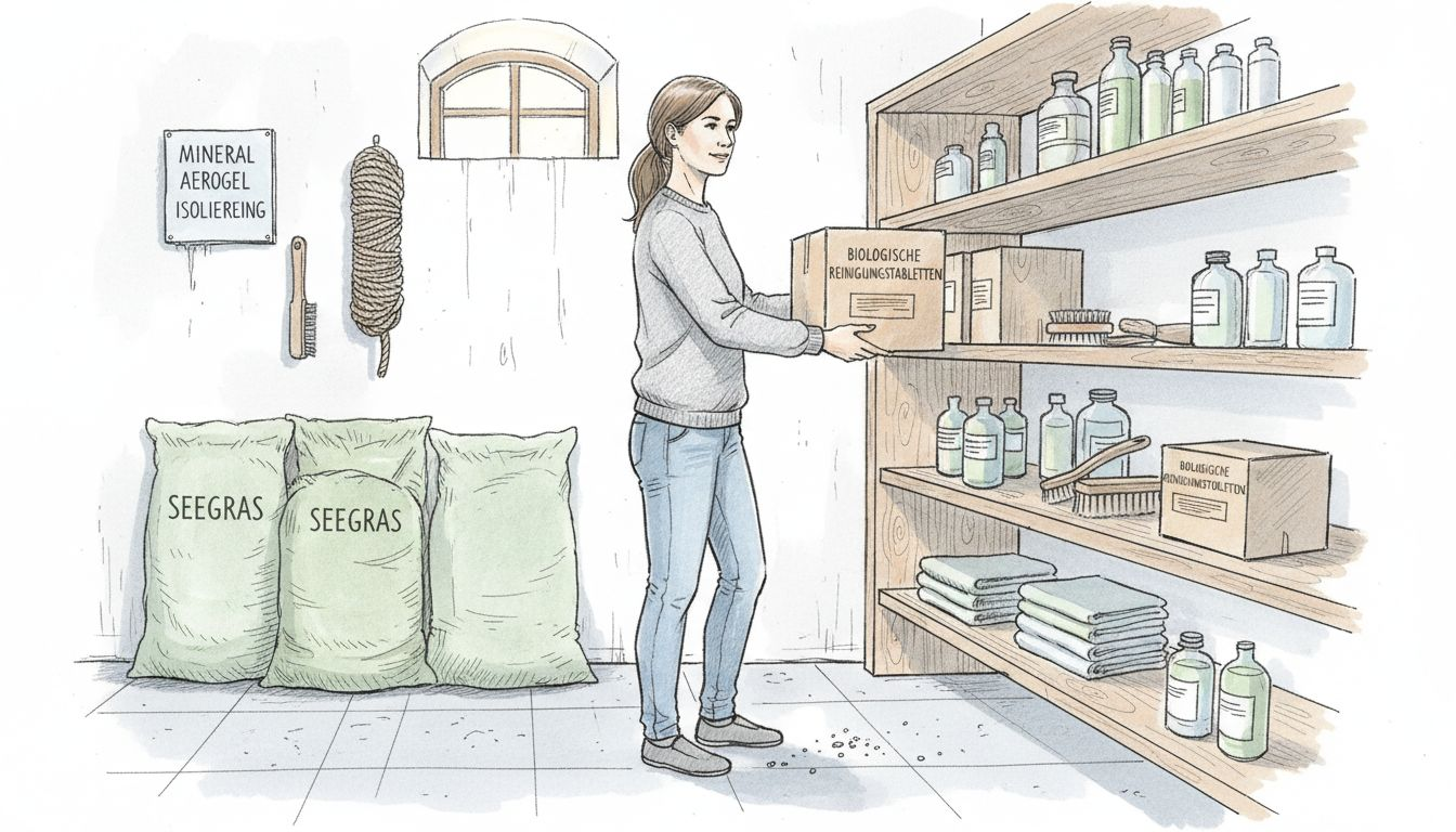 Ein Gebäudemanager prüft und sortiert umweltfreundliche Reinigungsmittel.