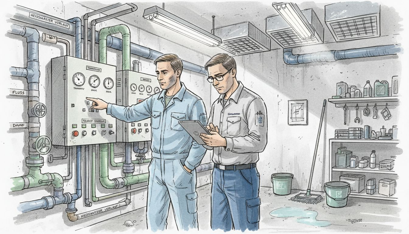 Das Wartungsteam überprüft aktuell die Kesselanlage.