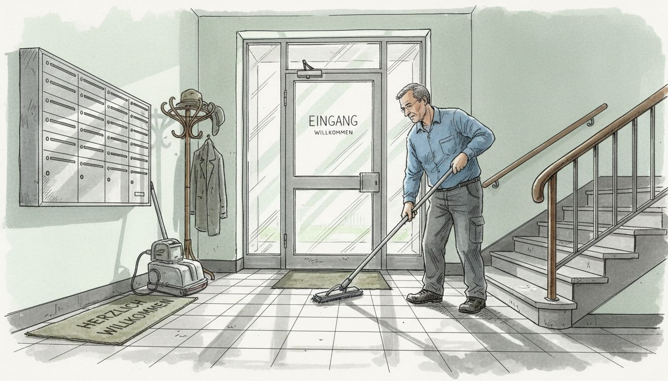 Ein Hausmeister sorgt dafür, dass der stark frequentierte Eingangsbereich des Wohnhauses sauber bleibt.