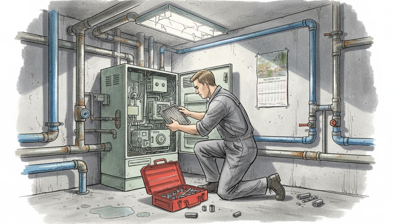 Ein Techniker führt Wartungsarbeiten an der Heizungsanlage im Gebäude durch.