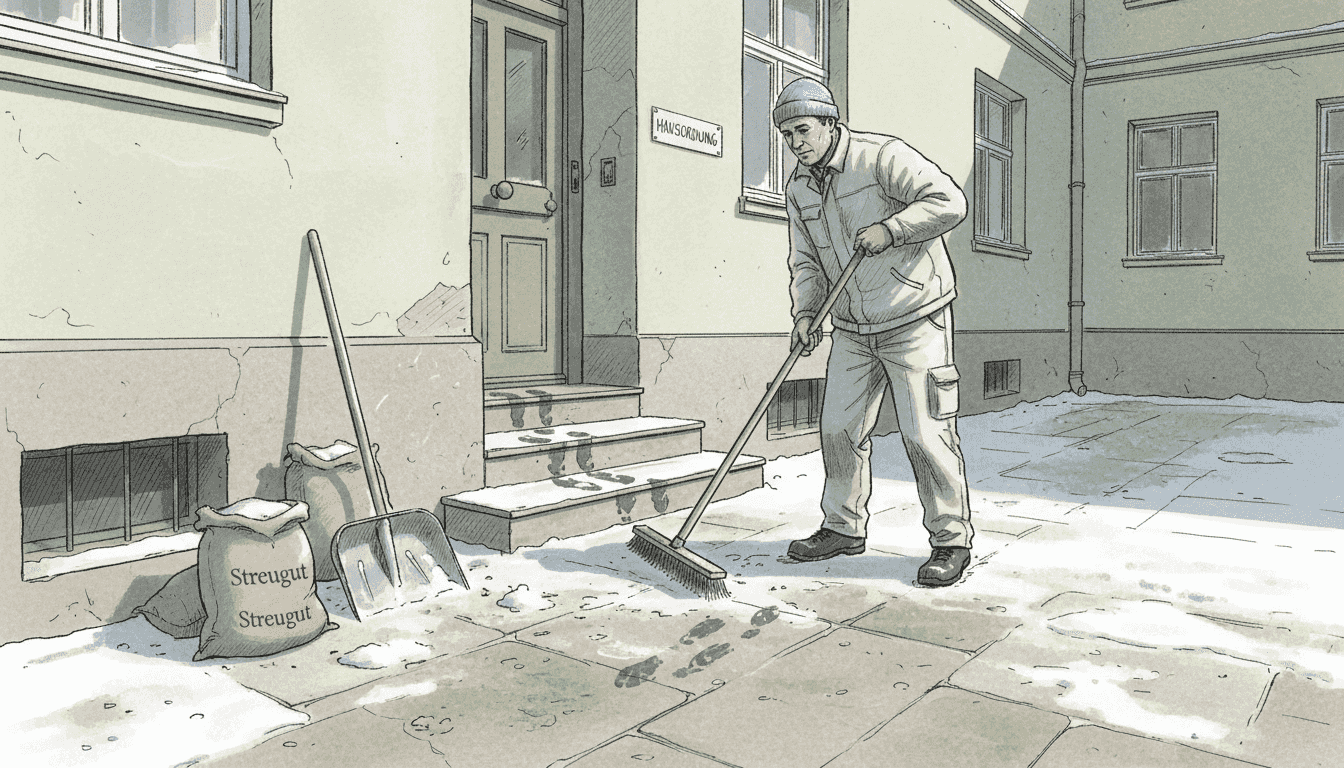 Der Hausmeister sorgt dafür, dass der verschneite Eingangsbereich geräumt und gestreut wird.