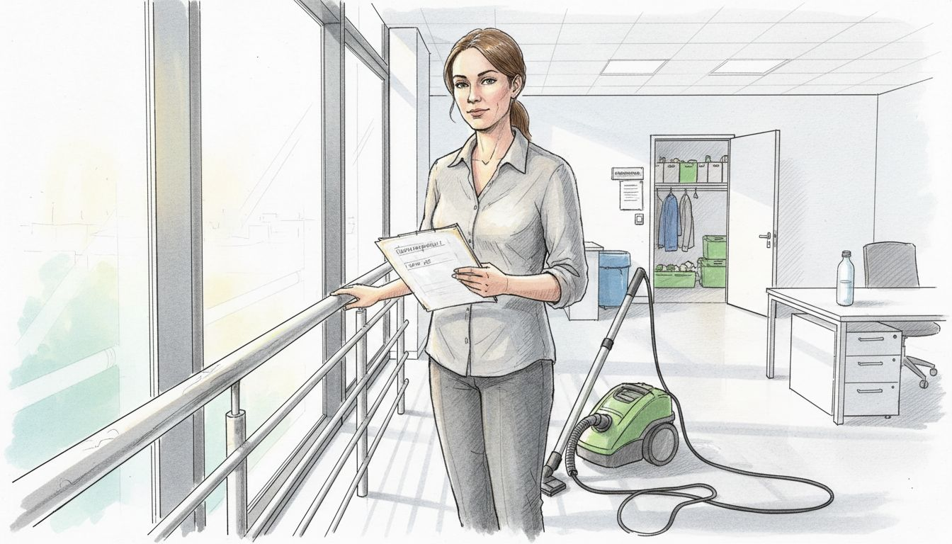 Eine Mitarbeiterin überprüft die Sauberkeit im Büroflur.